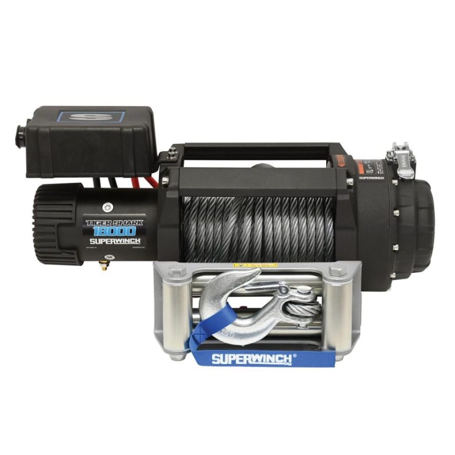 SUPERWINCH 1518000 Tiger Shark 18000 12V DC Winch 18,000lb/8165kg Single Line Pull with Roller Fairlead, 29/64 INCH x 80FT Steel Wire Rope, Corded Handheld Remote