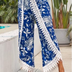 Tribal Print Patchwork Blue Elastic Waist Pants