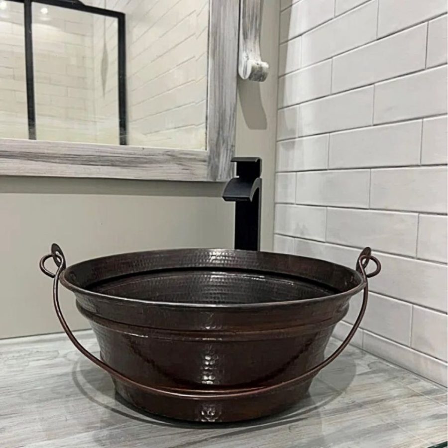 15" Rustic Weathered Copper Vessel Bucket Bathroom Sink