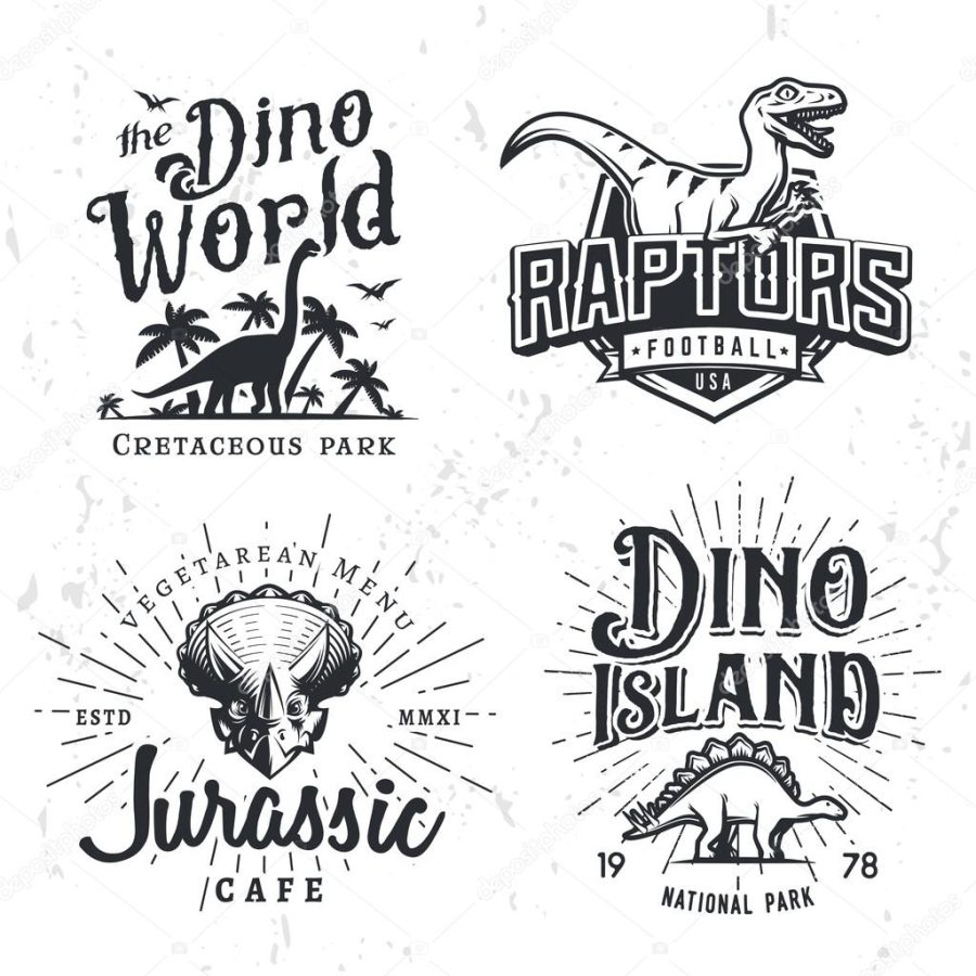 Dinosaur Vector Logo Set. Triceratops t-shirt illustration concept. Raptors college sport team insignia design template. Vintage Jurassic Period labels. Theme park badges collection