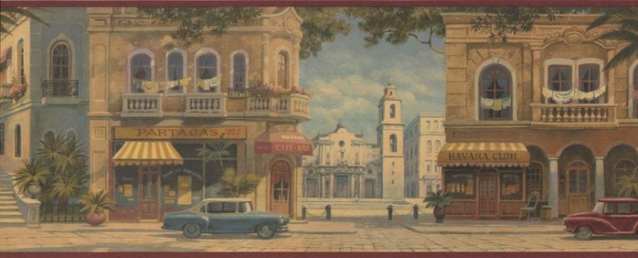 Havana Cigar Shops City Square Red Trim HV6113B Wallpaper Border