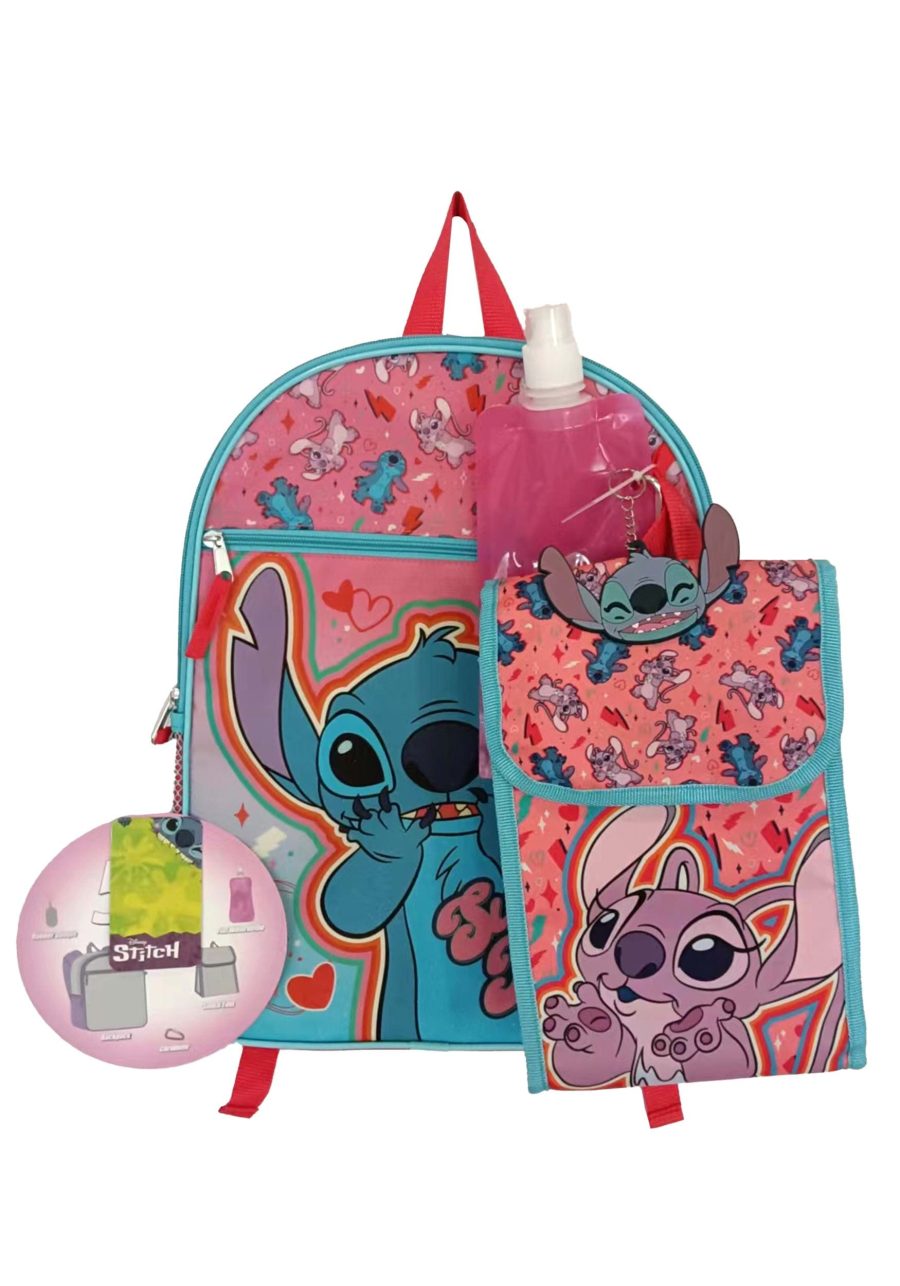 Kid's Disney Stitch & Angel 5 Piece Large Backpack Set