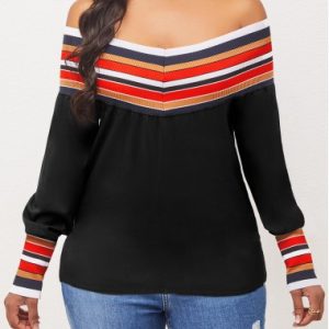 Off Shoulder Black Long Sleeve Stripe Blouse