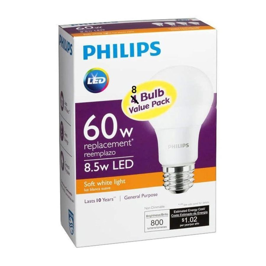 Philips 455576 60W Equivalent 2700K A19 LED Light Bulb, Soft White (2-Pack)