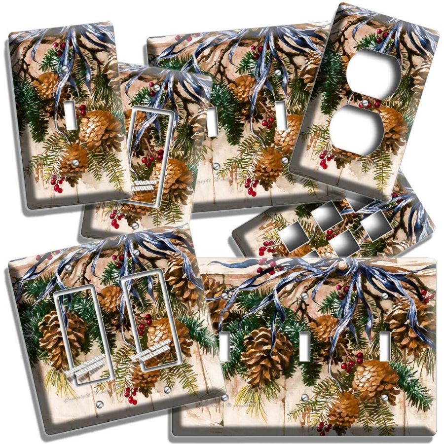 RUSTIC PINE CONES W RIBBON LIGHT SWITCH OUTLET WALL PLATES COUNTRY KITCHEN DECOR