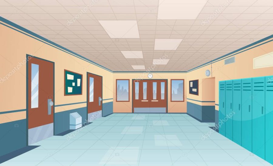 School corridor. Bright college interior of big hallway with doors classroom with desks without kids vector cartoon picture