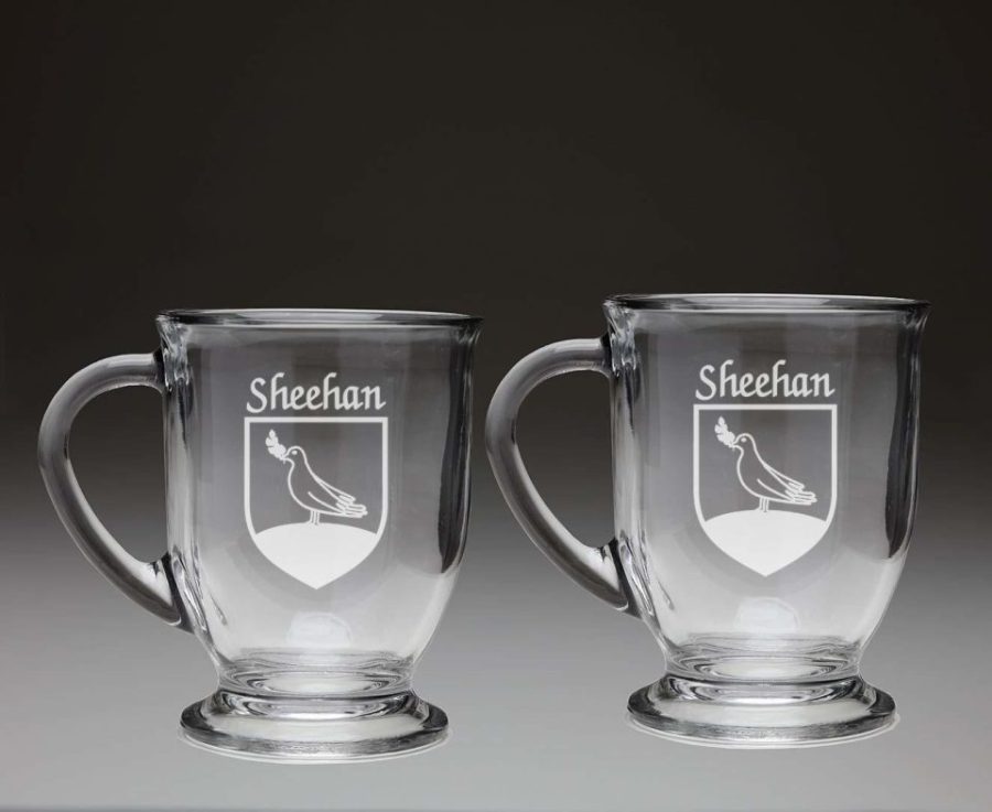 Sheehan Irish Coat of Arms Glass Coffee Mugs - Set of 2