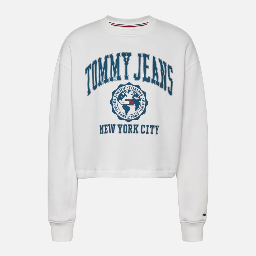 Tommy Jeans College Logo Cotton-Blend Jersey Cropped Sweatshirt - L