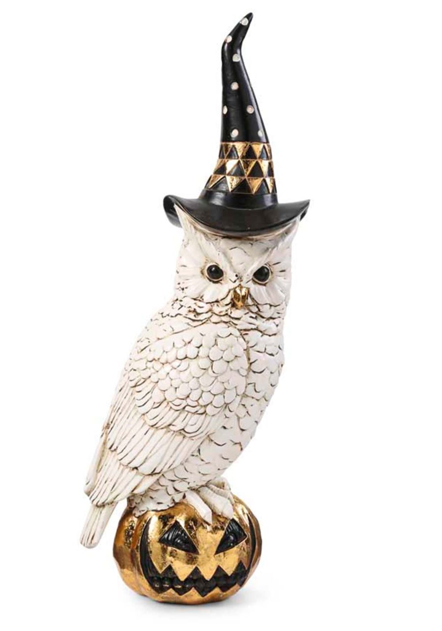 14-Inch White Owl with Witch Hat on Jack 'O Lantern Prop
