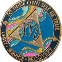 16 Year AA Medallion Elegant Marble Tahiti Teal Blue and Pink Gold Plated Chip