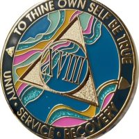 18 Year AA Medallion Elegant Marble Tahiti Teal Blue and Pink Gold Plated Chip