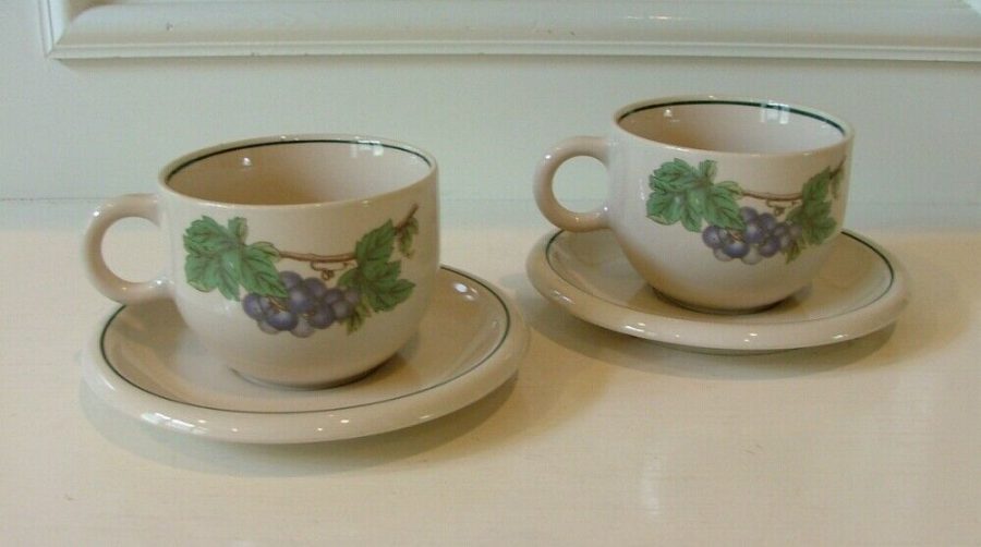 2 Epoch Wholesome Coffee Cup & Saucer Sets Stoneware Fruit Leaves Discontinued