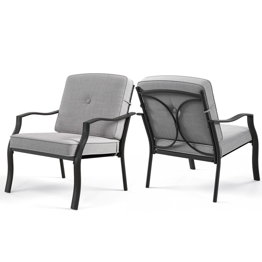2 PCS Patio Metal Chairs Outdoor Dining Seat Heavy Duty w/ Cushions Garden Gray