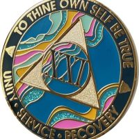 21 Year AA Medallion Elegant Marble Tahiti Teal Blue and Pink Gold Plated Chip