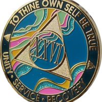 26 Year AA Medallion Elegant Marble Tahiti Teal Blue and Pink Gold Plated Chip