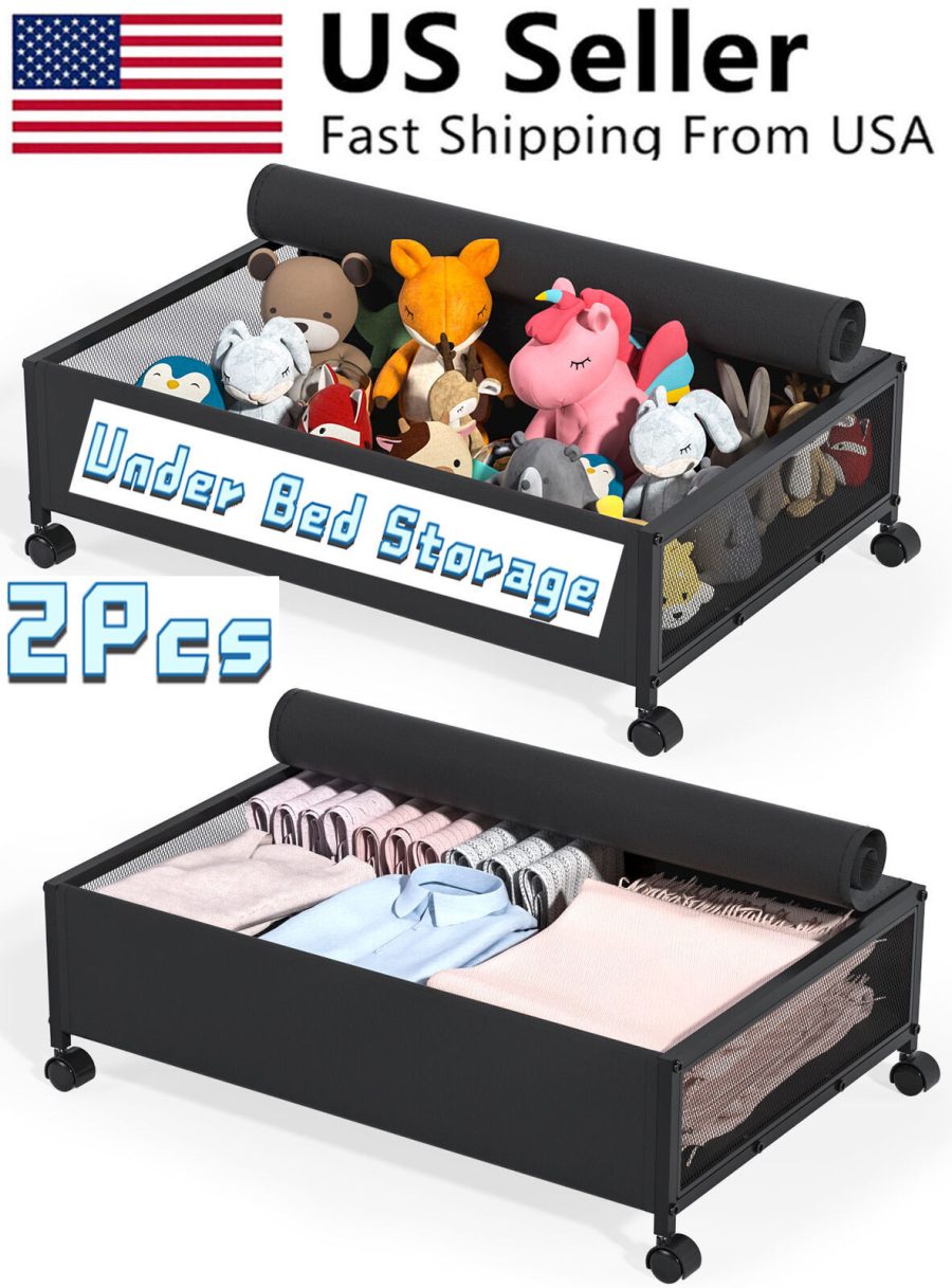 2X Under Bed Storage With Wheels Lid Shoe Rolling Containers Drawers For Clothe