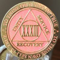 33 Year AA Medallion Pink Gold Plated Alcoholics Anonymous Sobriety Chip Coin