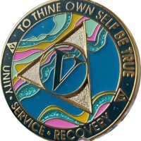 5 Year AA Medallion Elegant Marble Tahiti Teal Blue and Pink Gold Plated Chip
