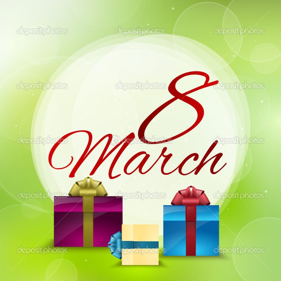 8 March greating card with gift boxes, vector