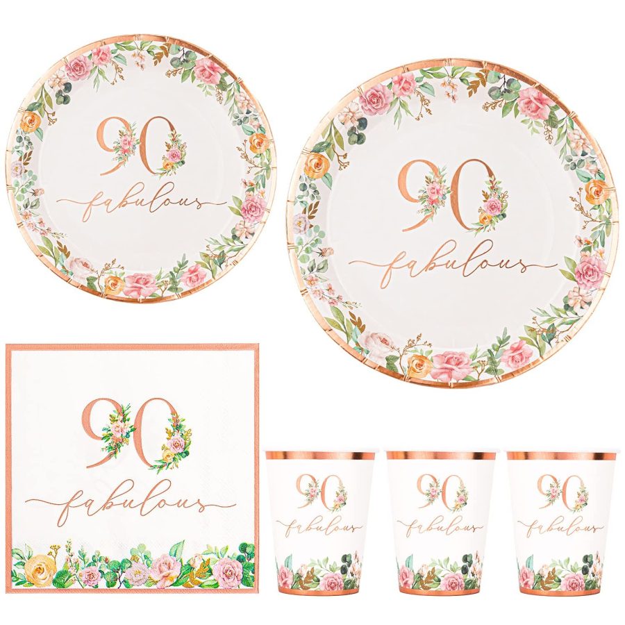 90Th Birthday Napkins And Plates For Women Rose Gold Floral Party Decoration, 90