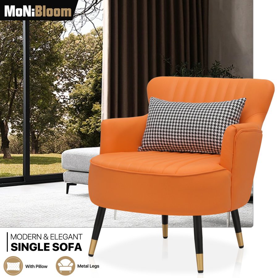 Accent Chair Orange Pu Leather Single Sofa Upholstered Armchair W/Lumbar Support