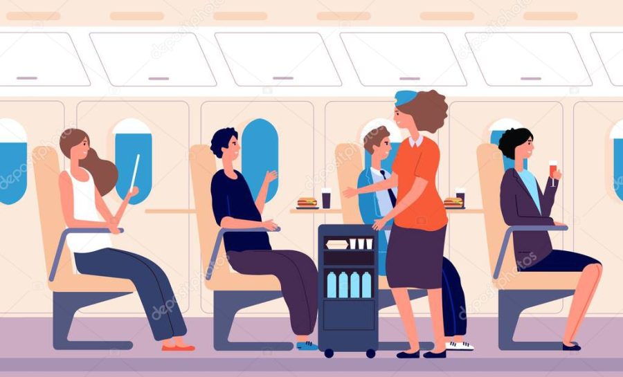 Airline service. Human transportation, stewardess served drink and food. Woman drinking men eating. Flight on airplane vector illustration