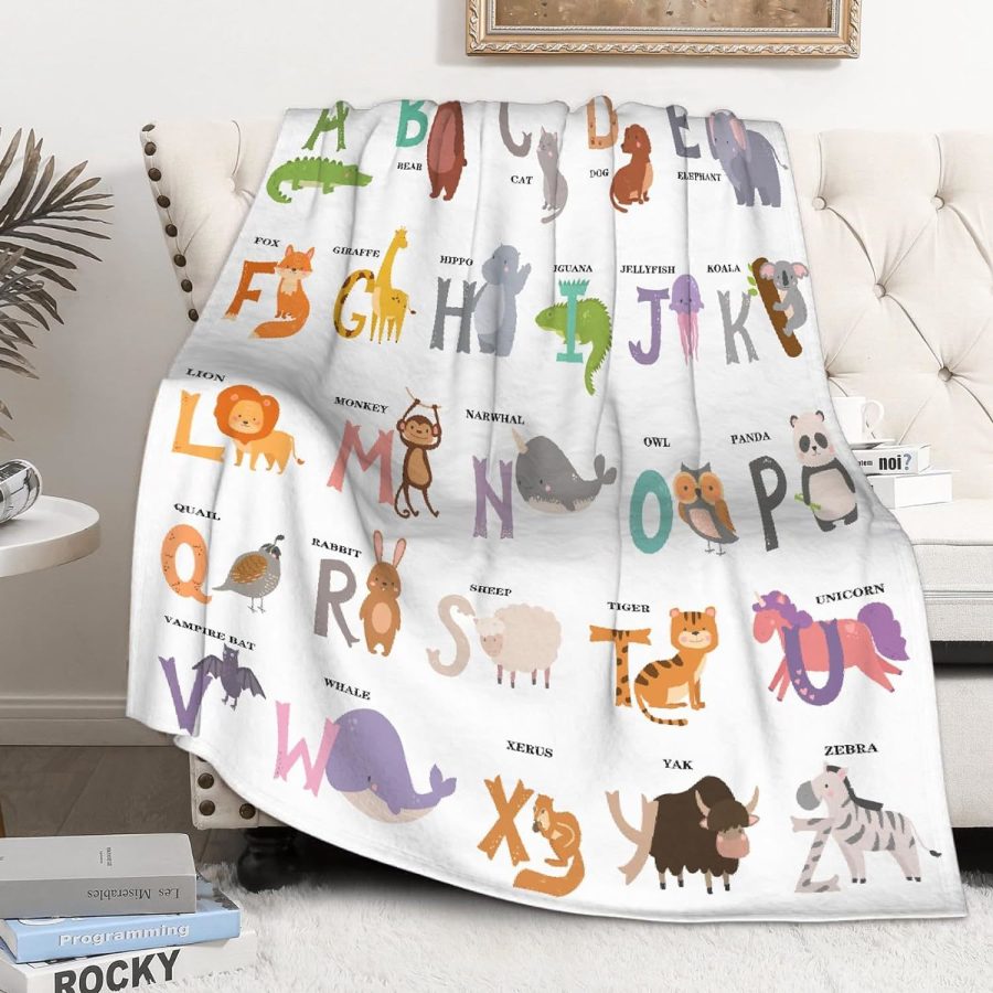 Alphabet Cute Funny Zoo Animals Throw Blanket Flannel Microfiber Luxury Warm Sof