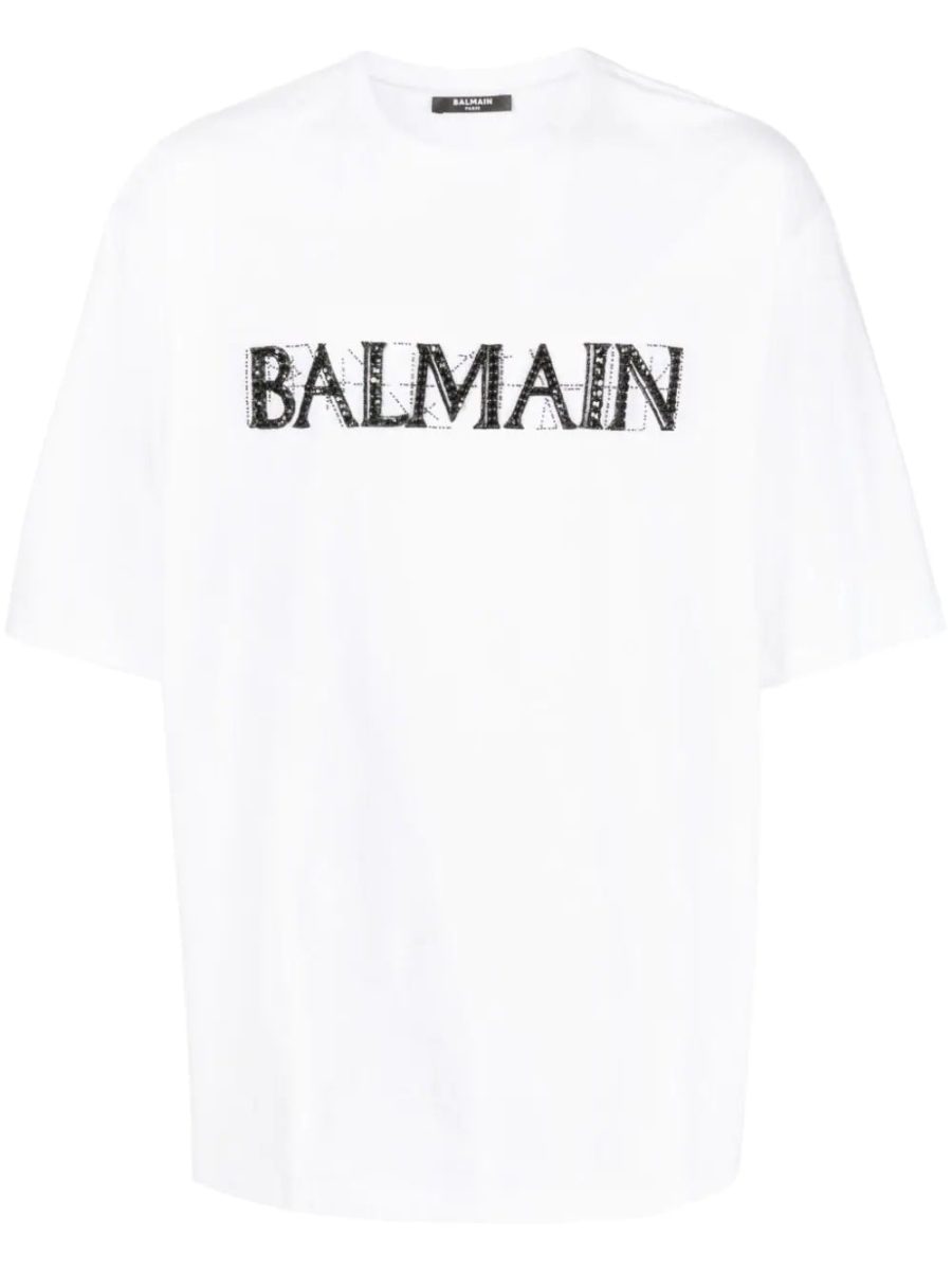 BALMAIN Loose Fit Crystal Logo SS Oversized T-Shirt White/Black