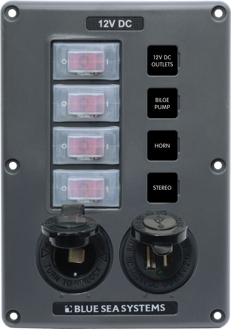 BLUE SEA 4321 Water-Resistant 12V 4 Circuit Breaker Switch Panel with 12v Socket and Dual USB