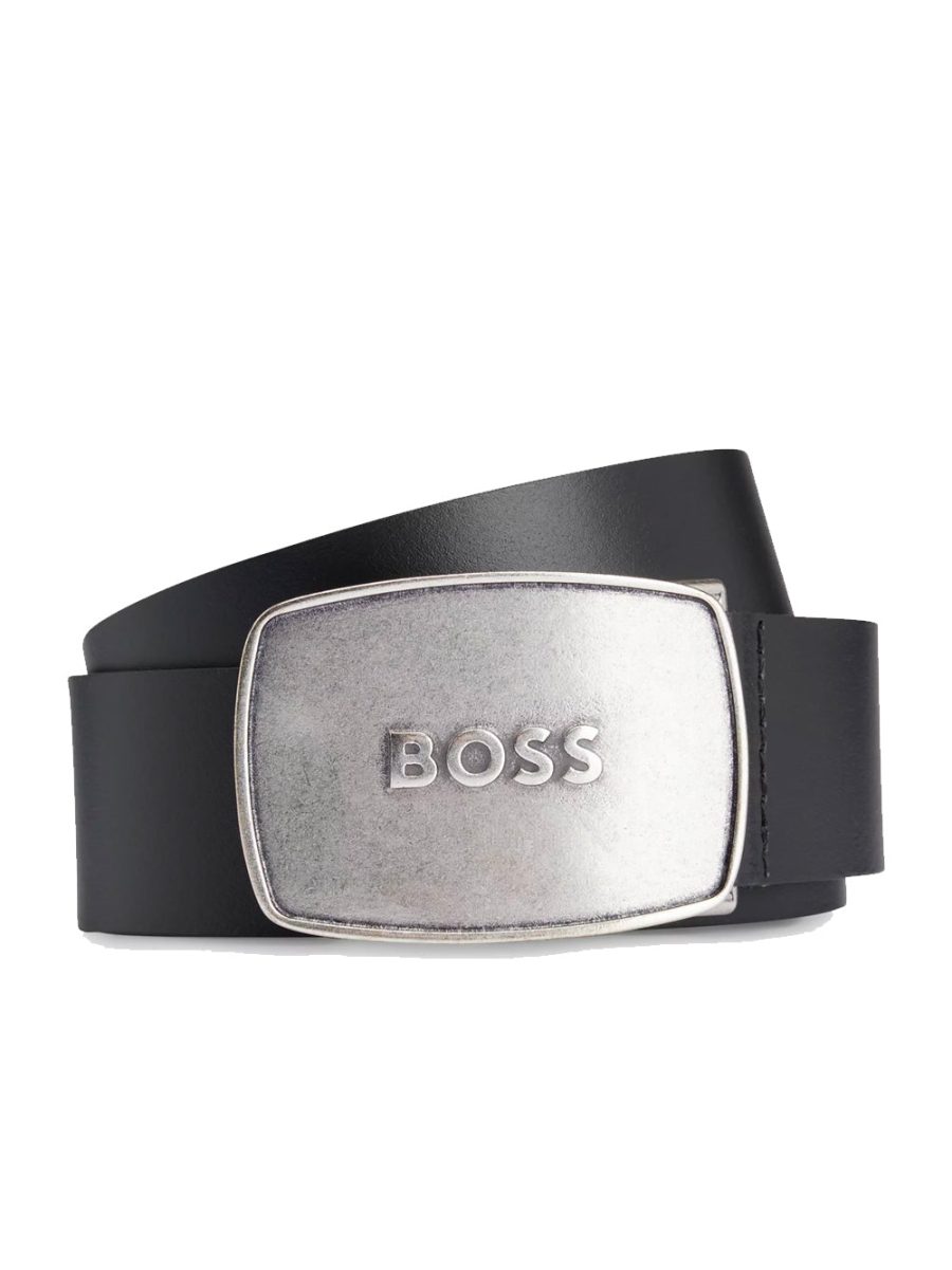 BOSS Brushed Metal Logo Leather Belt Black/Silver