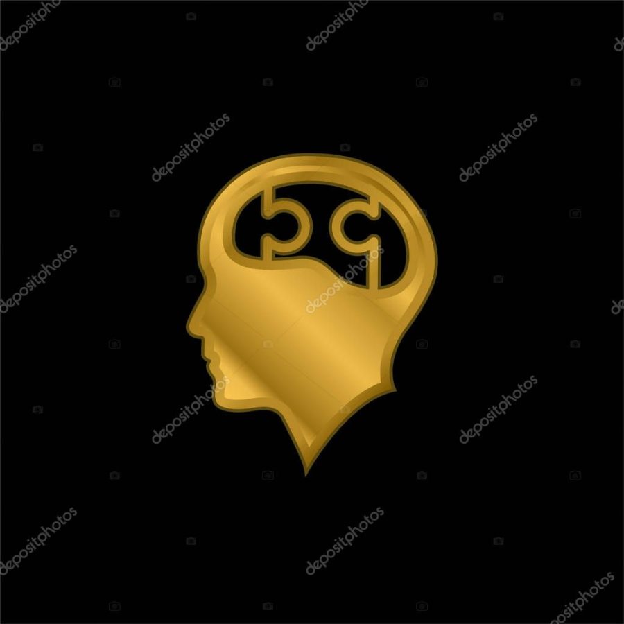 Bald Head With Puzzle Brain gold plated metalic icon or logo vector