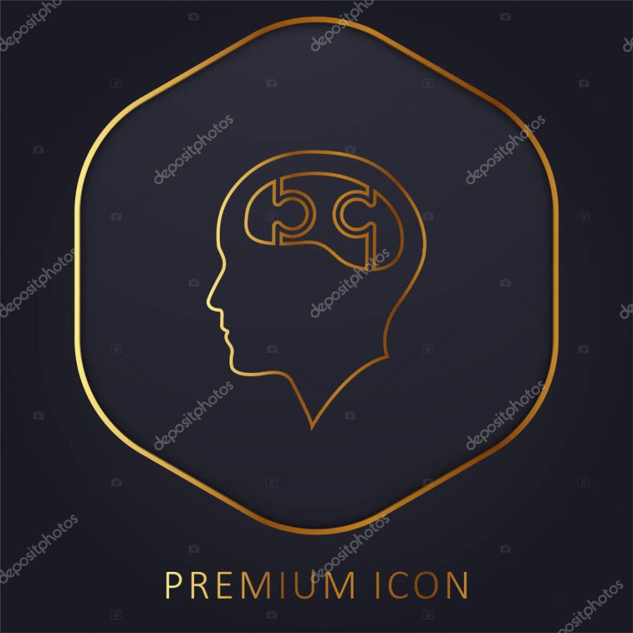 Bald Head With Puzzle Brain golden line premium logo or icon