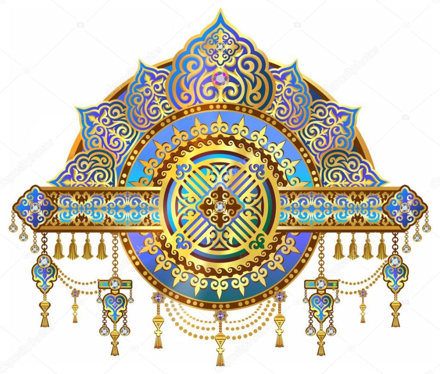 Beautiful background of cards and blank for sites, chic golden symbols of Kazakh art, art ornaments with jewels. Shanyrak - a symbol of the eastern people, a symbol of prosperity, a symbol of prosperity and household wealth. The luxury shanurak.