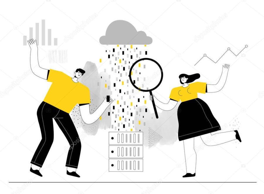 Big data analysts man and women study information on servers and cloud storage