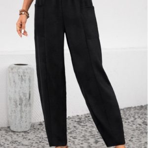 Black Elastic Waist Pocket High Waisted Pants