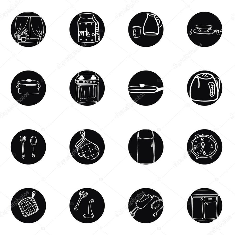 Black and white icons set of kitchen themes