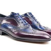 Blue Burgundy Cont Wing Tip Genuine Leather Full Brogue Handmade Lace Up Leather