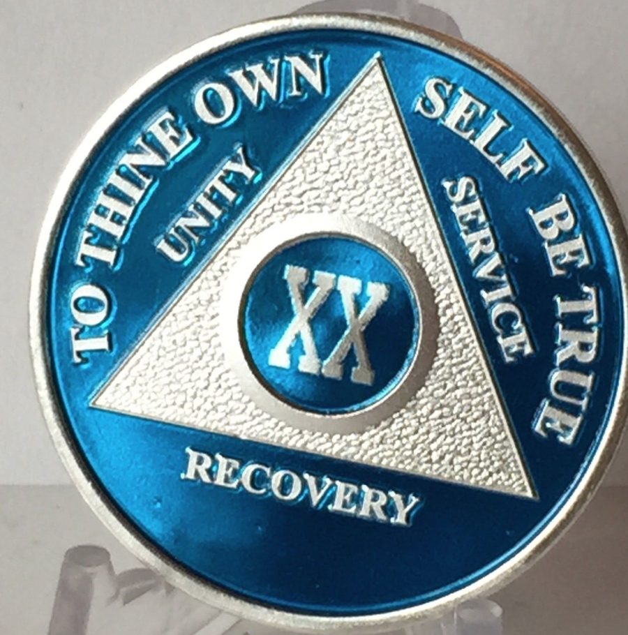 Blue Silver Plated 20 Year AA Chip Alcoholics Anonymous Medallion Coin Twenty XX
