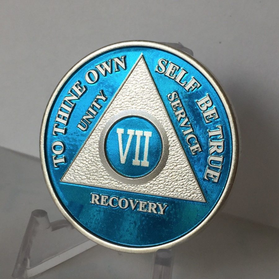 Blue Silver Plated 7 Year AA Chip Alcoholics Anonymous Medallion Coin