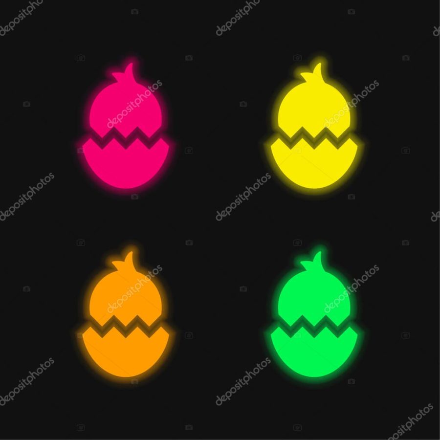 Boken Egg With Chicken four color glowing neon vector icon