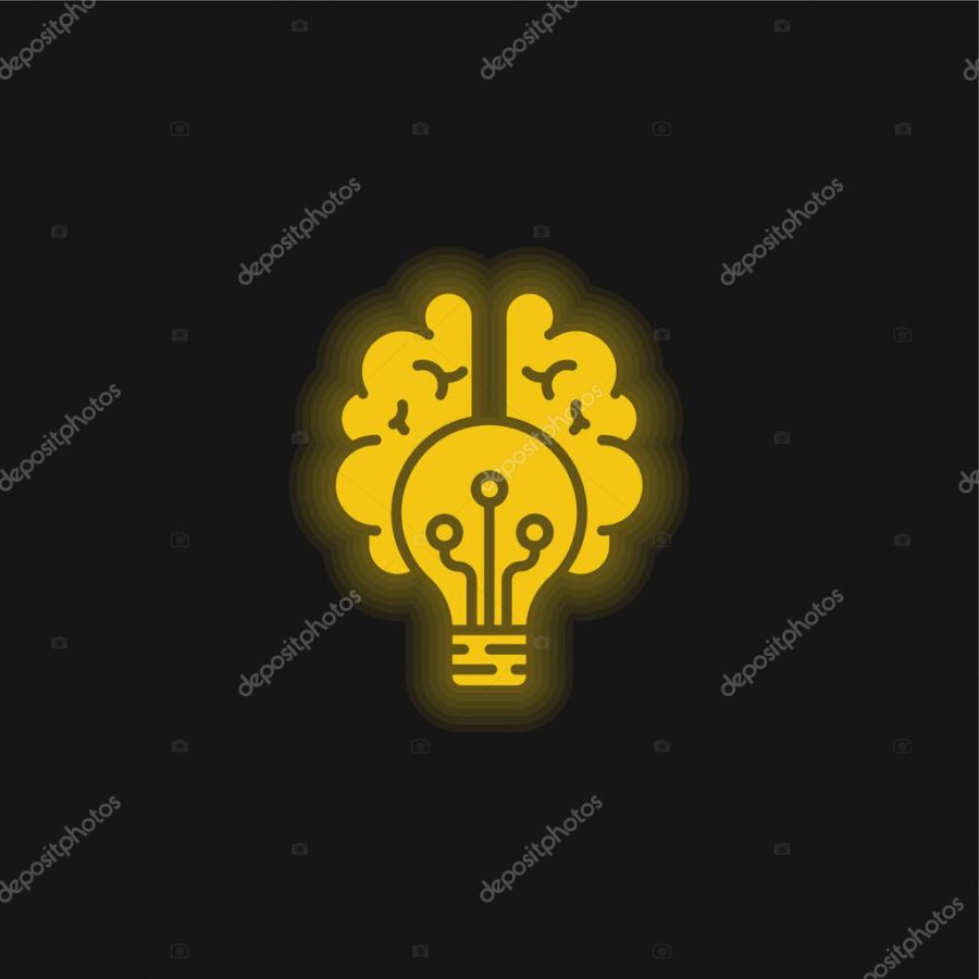 Brain yellow glowing neon icon
