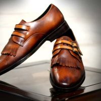 Brown Fringed Double Buckle Monk Strap Wing Tip Brogue Toe Genuine Leather