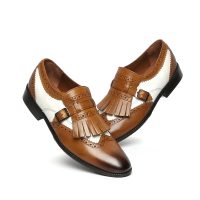 Brown White Cont Single Buckle Monk Strap Fringed Real Leather Wing Tip