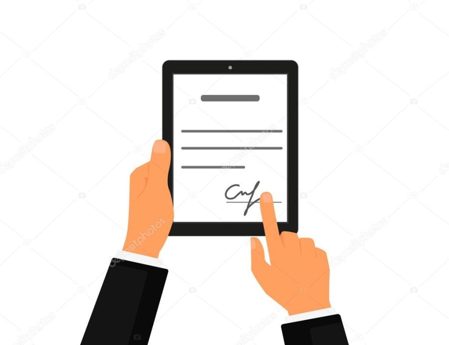 Business contract with signature on tablet pc