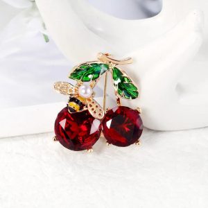 Cherry & Honey Bee Brooch With Imitation Gemstones