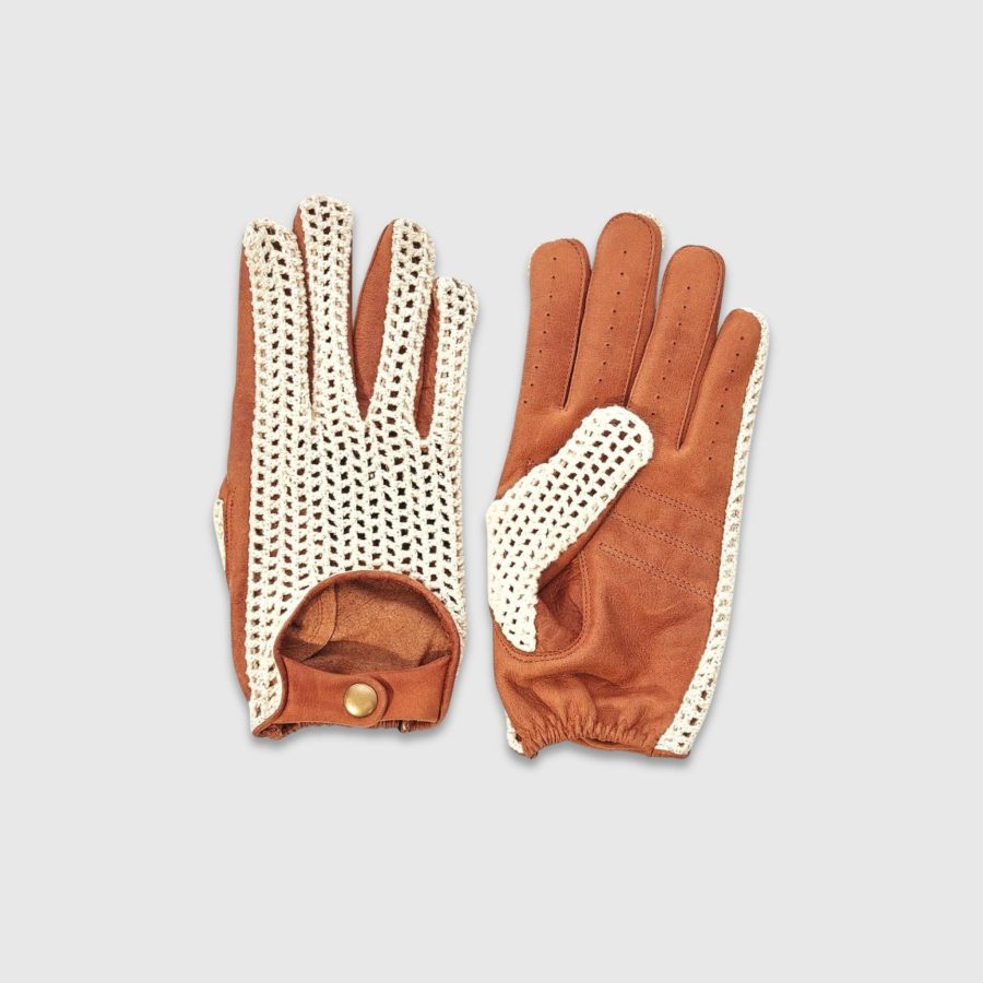 Crochet Knit Leather Driving Gloves - Brown