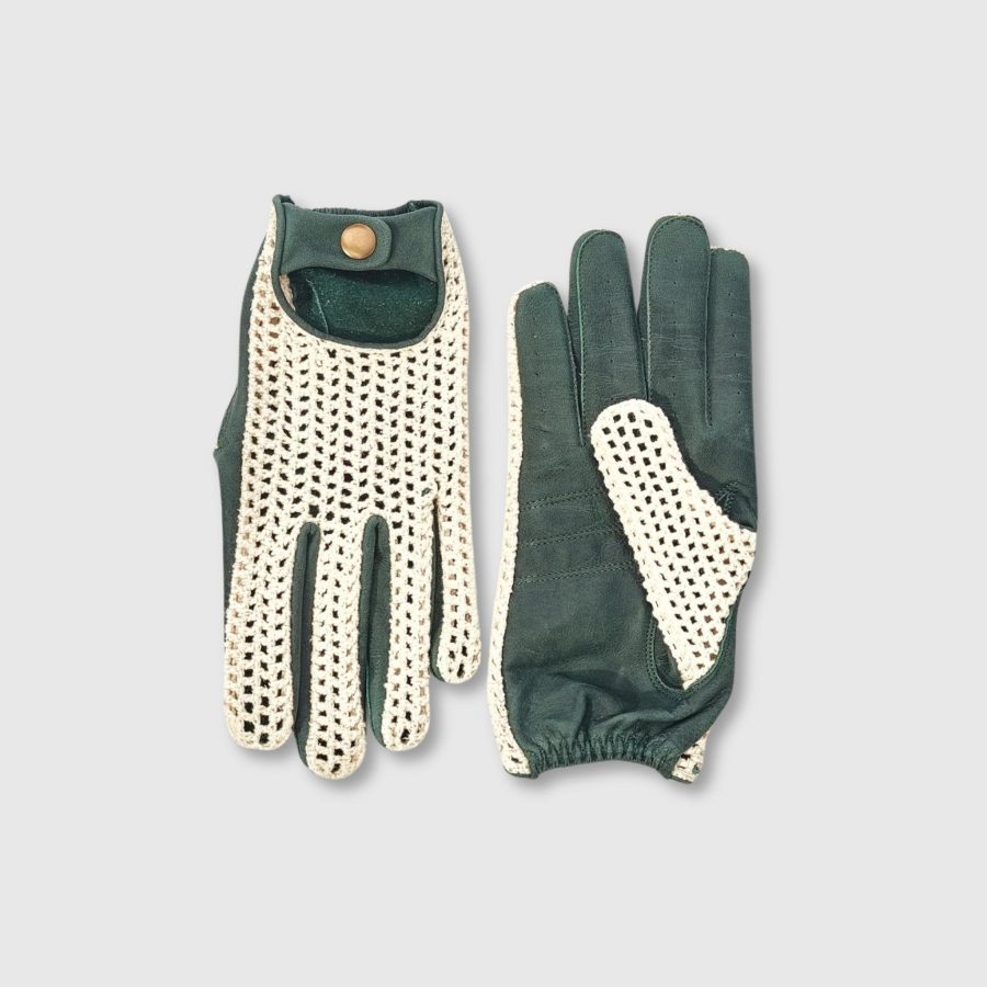 Crochet Knit Leather Driving Gloves - Green