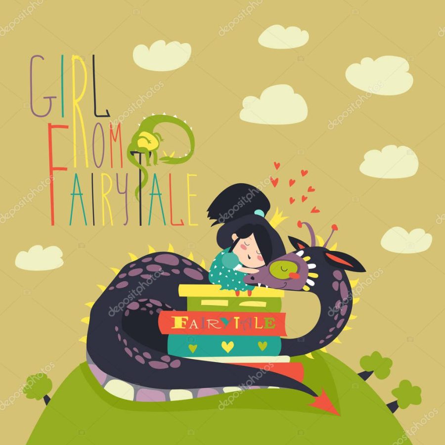Cute princess sitting on pile of books and hugging the dragon