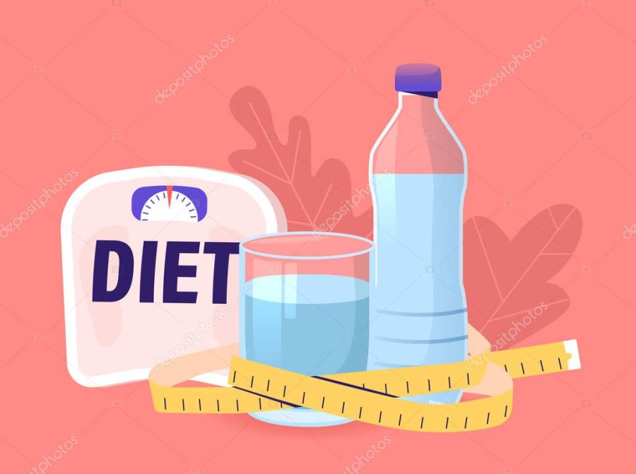 Diet, Drink Water, Weight Loss Concept. Fresh Pure Water Glass and Bottle Wrapped with Measuring Tape and Scales. Health