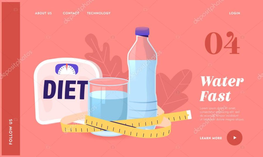 Diet, Drink Water, Weight Loss Landing Page Template. Water Glass and Bottle Wrapped with Measuring Tape and Scales